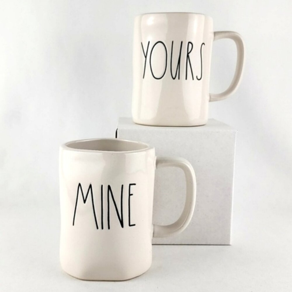 Rae Dunn Artisan Collection 2 White Mugs Black Large Letters YOURS  MINE